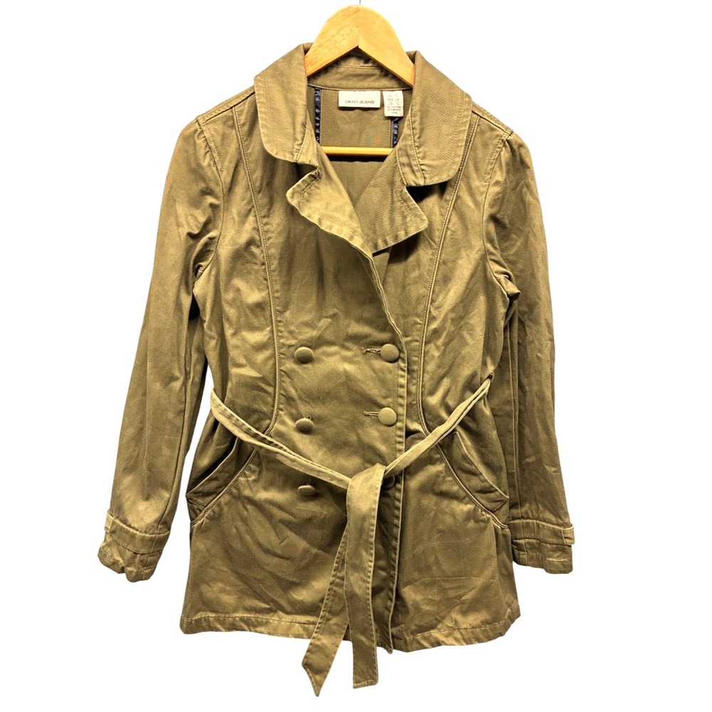 DKNY Jeans Belted Double Breasted Jacket Womens S Green Trench Coat Utility